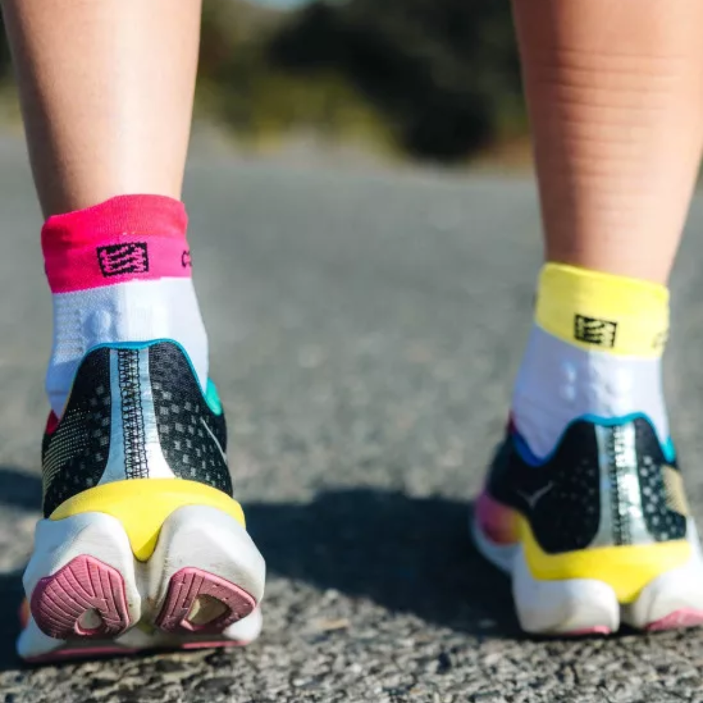 Compressport Pro Racing Socks v4.0 Run Low | White/Safe Yellow/Neo Pink | The Run Hub