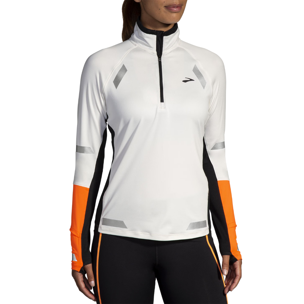 Brooks Women's Run Visible 1/2 Zip 2.0 | Ecru/Fluoro Flash/Black | 221686-167 | The Run Hub