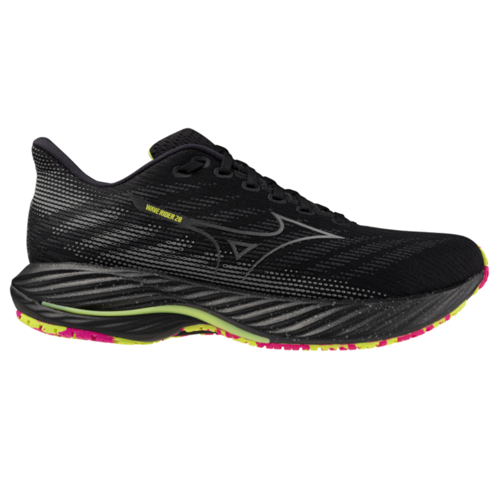 Mizuno Wave Rider 28 | J1GC246301 | Black/Silver/Sunny Lime | Men's Neutral Shoes | The Run Hub