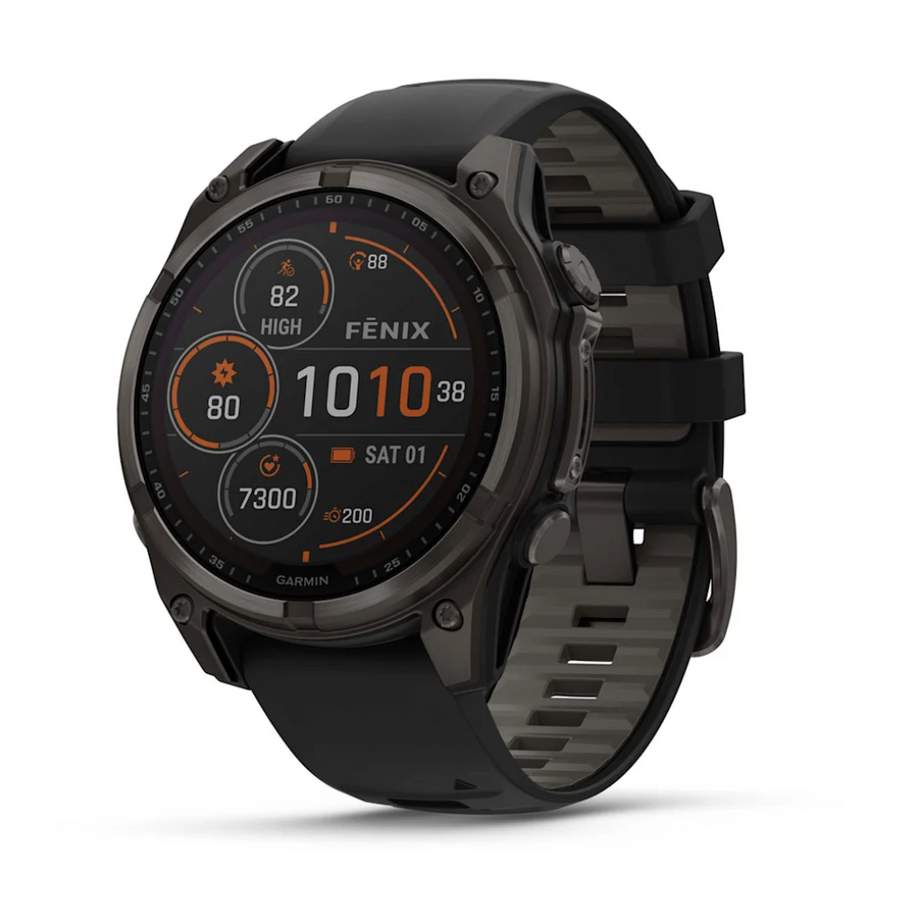 GARMIN fēnix® 8 47mm Watch SOLAR Sapphire, Carbon grey DLC titanium with Black/pebble grey silicone band | 010-02906-11 | The Run Hub