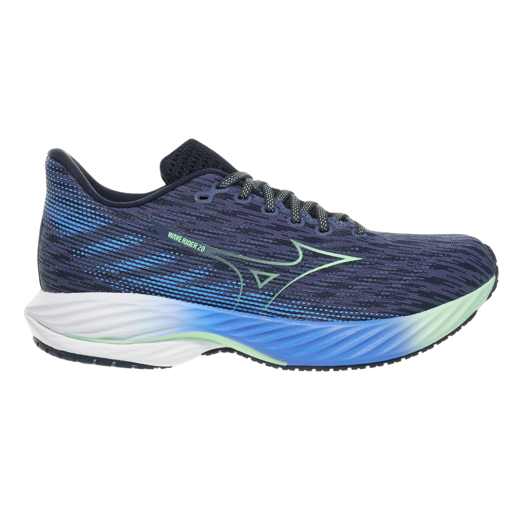 MIZUNO Men's Wave Rider 28 Neutral Running Shoe | Vintage Indigo/Neo Mint/Frontier Blue | J1GC240351 | The Run Hub