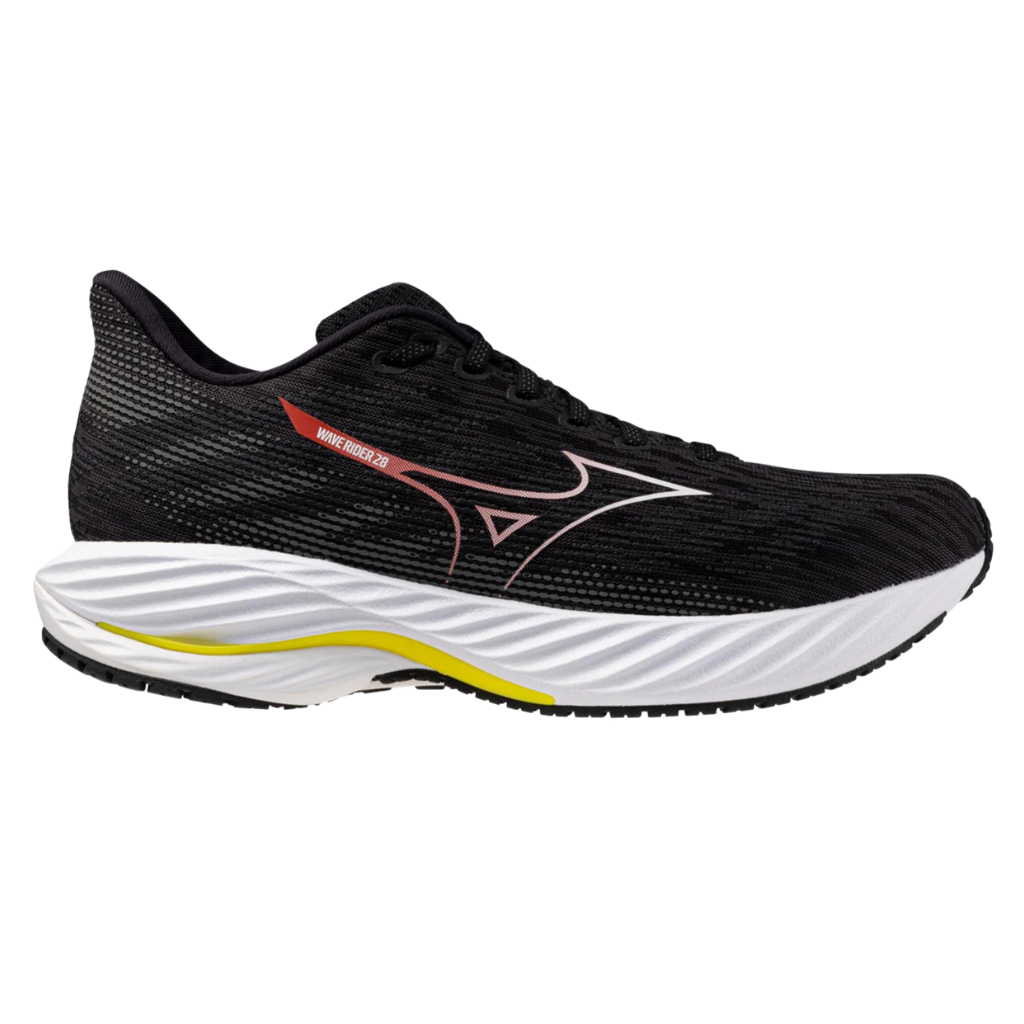 Mizuno Men's WAVE RIDER 28 Neutral Running Shoe | Black/White/Evening Primrose | J1GC240358 | The Run Hub