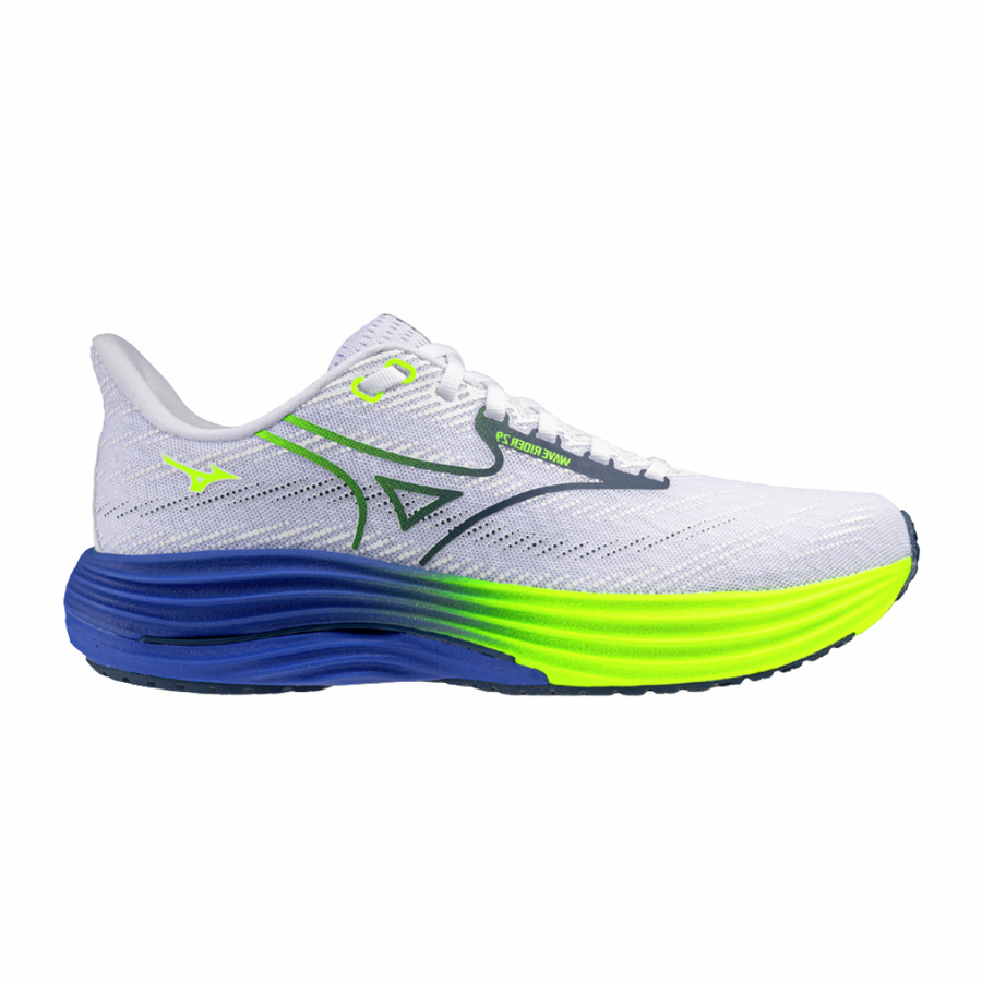 Mizuno Wave Rider 29 | White, Estate Blue & Lightning Yellow | The Run Hub