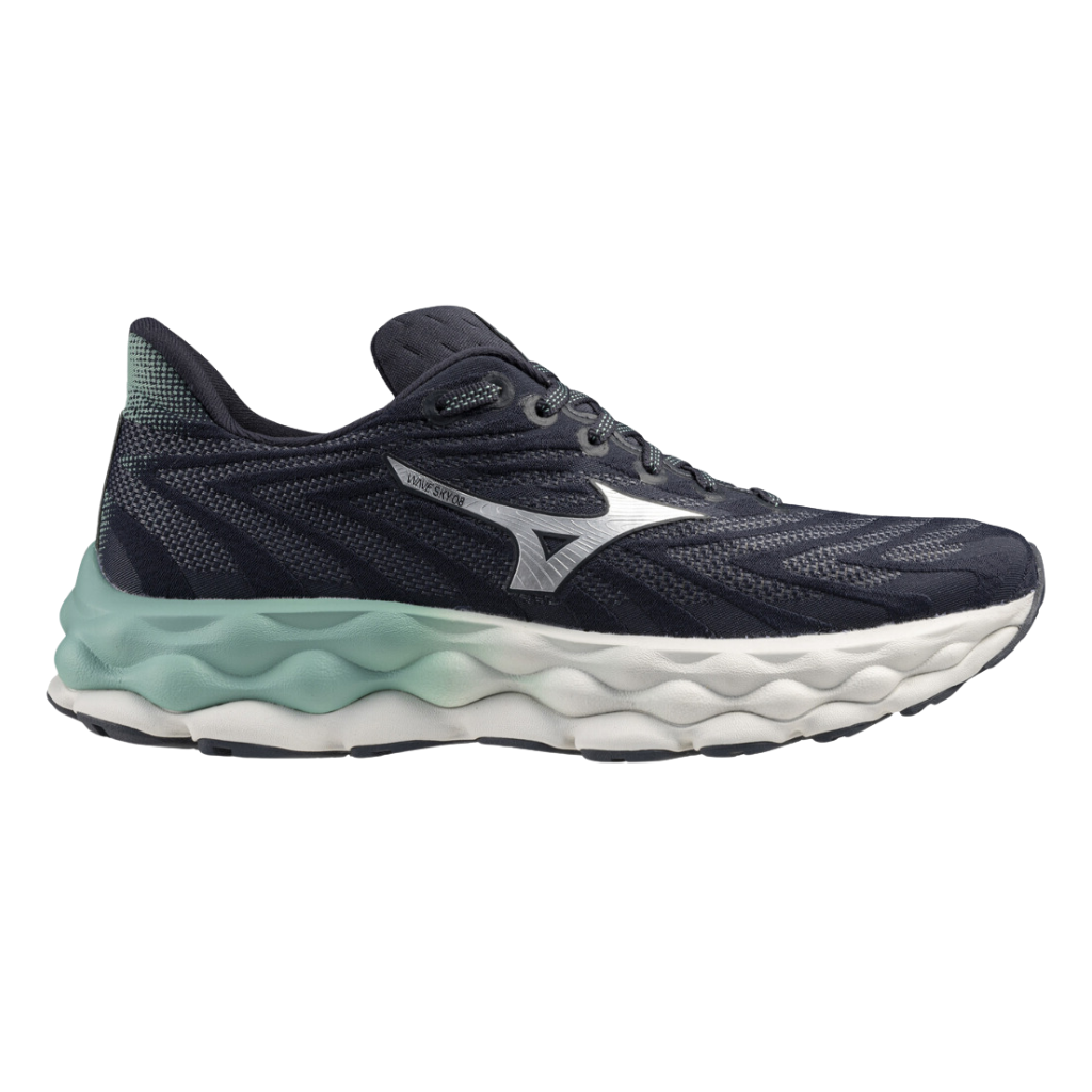 Mizuno Women's Wave Sky 8 Neutral Running Shoe | India Ink/Neo Silver/Dusty Jade Green | J1GD240225 | The Run Hub