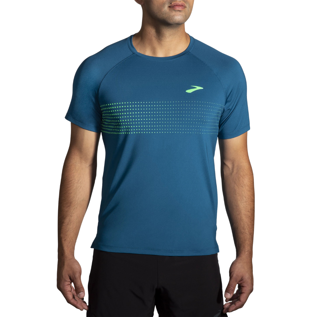 Brooks Atmosphere Men's short-sleeve running tee in Dk Ocean/Pixel Stripe | The Run Hub