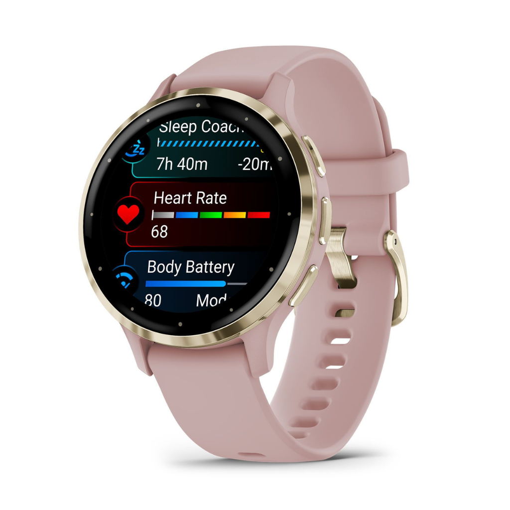Garmin Veny 3S Soft gold stainless steel bezel with dust rose case and silicone band | The Run Hub
