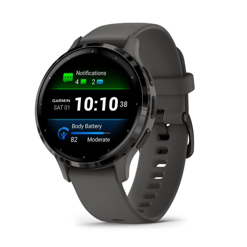 Garmin Venu 3S | Slate stainless steel bezel with pebble grey case and silicone band | The Run Hub