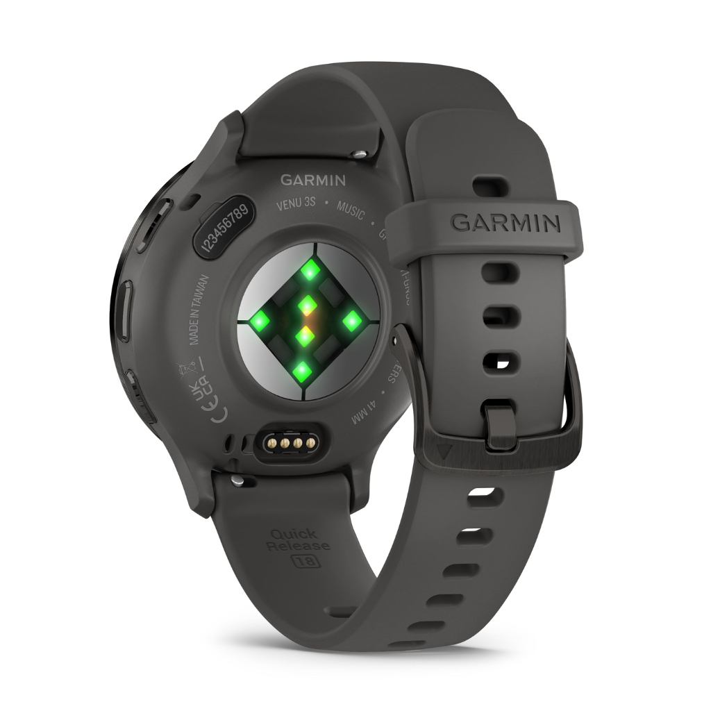 Garmin Venu 3S Slate stainless steel bezel with pebble grey case and silicone band